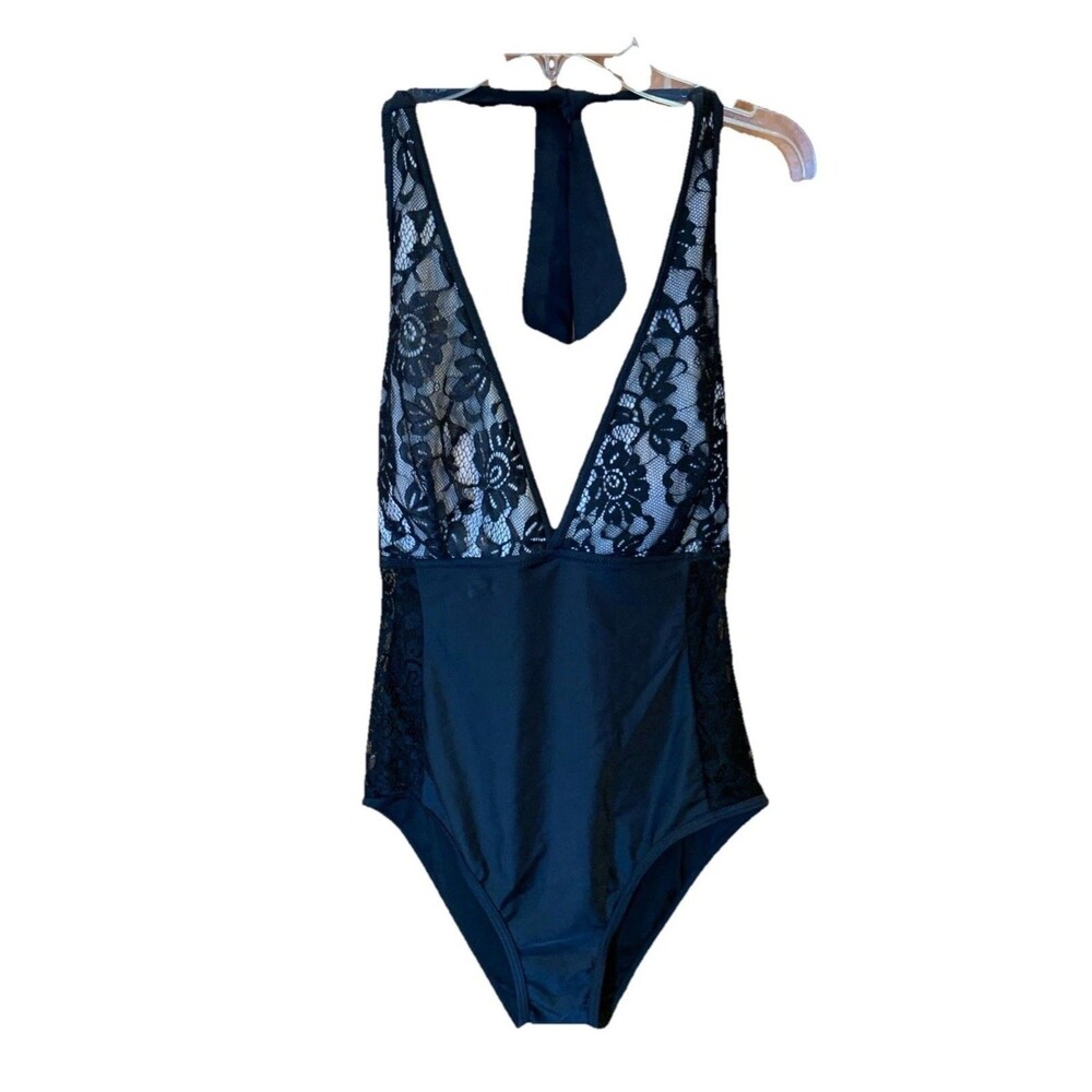 Beachsissi Swimsuit Black Halter One Piece Lace Sheer Sz Medium Slimming